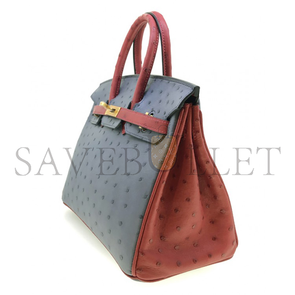 H**mes master birkin 25 ostrich leather grey and red gold buckle h041944ck56 (25*20*13cm)